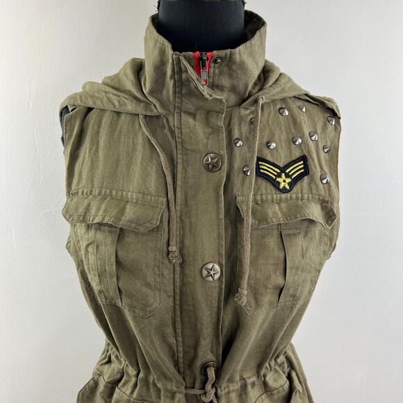 LOVE TREE Olive Green Linen Sleeveless Cinched Waist Military Hooded Vest Top S? - Picture 3 of 6